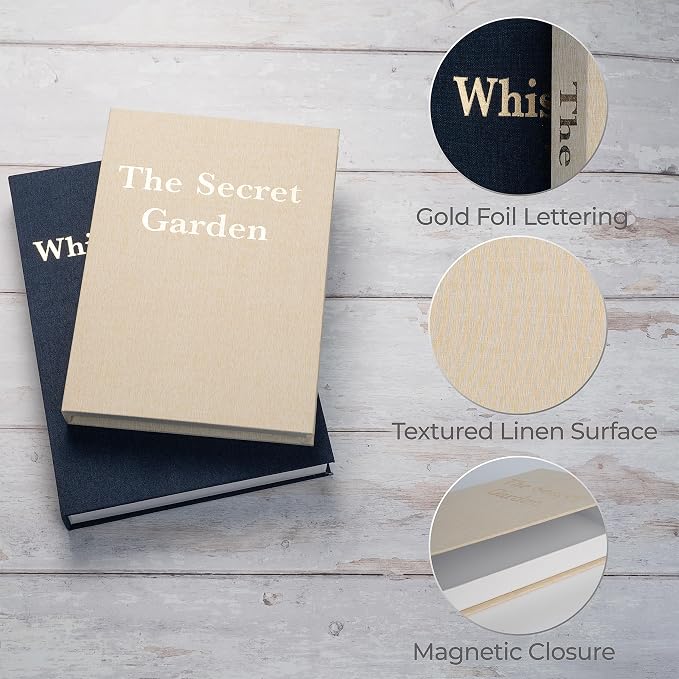 Decorative Linen Storage Books Set of 2 – Aesthetic Faux Book Keepsake Box with Hidden Magnetic Closure for Coffee Table Decor, Bookshelf Styling, Neutral Modern Home Decor (Blue & Beige)