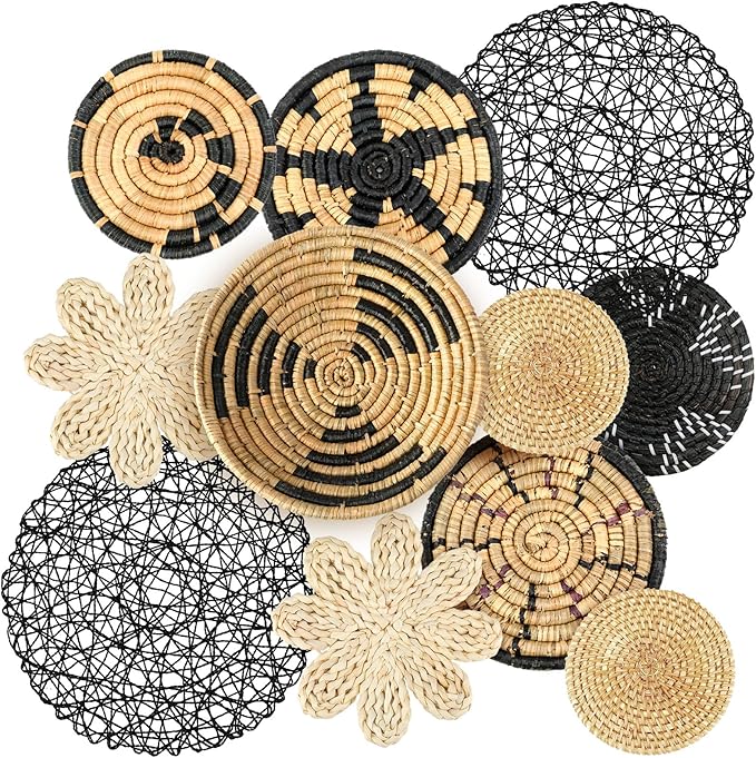 Tatuo 11 Pcs Boho Wall Basket Decor Bulrush Woven Wall Hanging Art Round Farmhouse Rustic Handmade Wicker for Summer Home, Bedroom, Living Room, Kitchen Decorations, Multi Sizes(Fresh)
