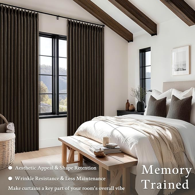 Dark Brown Pleated Double Layer Thick Linen Curtains 90 Inches Long for Bedroom Living Room Memory Trained Pinch Pleat 100% Blackout Thermal Noise Blocking Rustic Windows Drapes 2 Panels Set