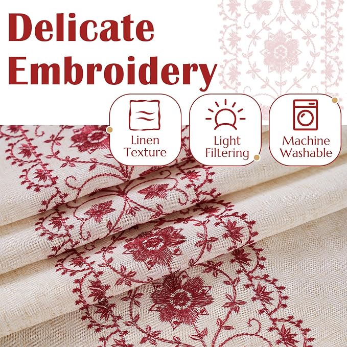 jinchan Red Floral Embroidered Short Linen Curtains 54×54 Inches 2 Panels | Light filtering, back tab, rod pocket, cafe curtains for kitchen bedroom living room, cottage farmhouse, small window