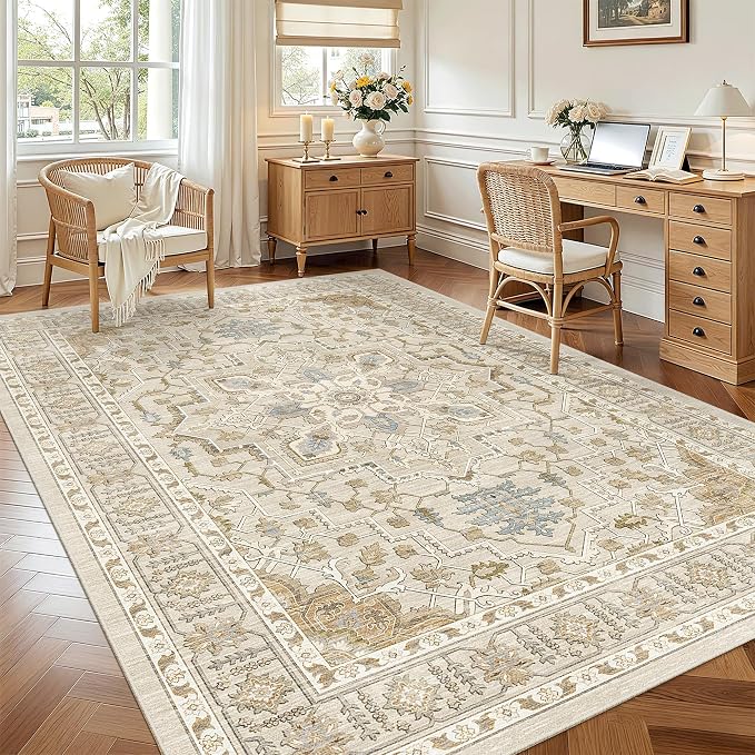 Madane 5x7 Area Rugs for Living Room, Non-Slip Washable Rug, Beige/Blue | Ultra-Thin Stain Resistant Vintage Large 5'X7' Carpet, Soft Low Pile Floor Mat For Bedroom Dining Room Office Home Decor