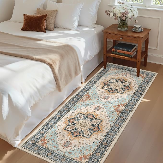 Madane Washable Runner Rug 2x6 Runners for Hallways Non Slip, Orange/Blue | Vintage Stain-Resistant 6 Feet Kitchen Rug, Soft Low-Pile Ultra-Thin Floor Carpet Mat for Bathroom Laundry Room Bedroom 2x6ft