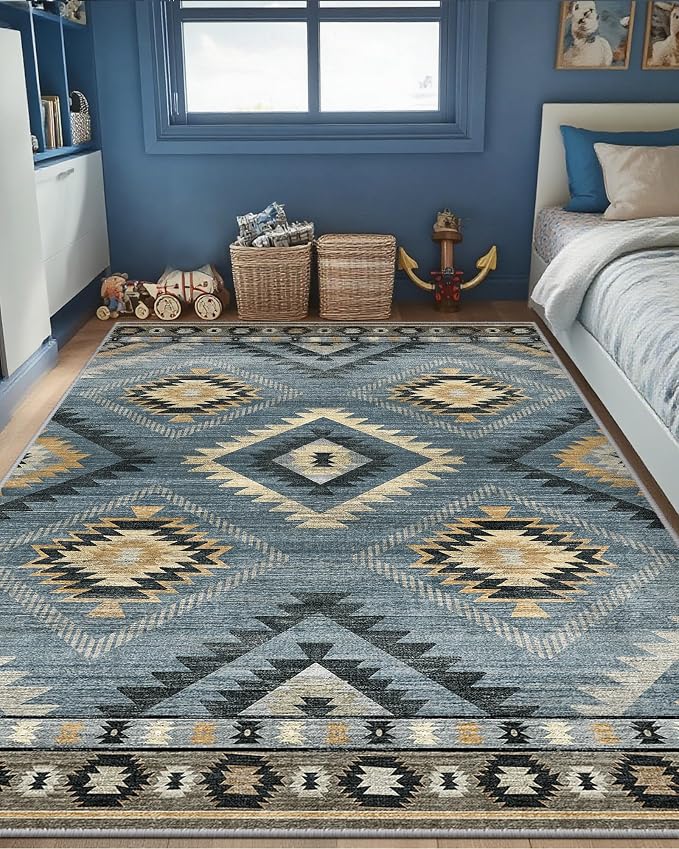 BESTSWEETIE Area Rug 5x7 Rug Machine Washable Rug Non-Slip Low Pile Print Pattern Western Rug for Living Room Bedroom Entryway Tribal Series -Navy/Grey