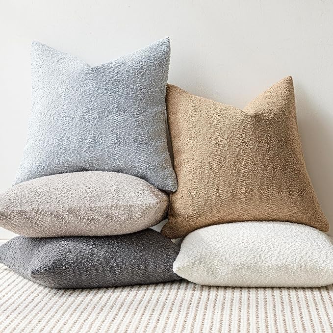 Foindtower Pack of 2 Modern Textured Boucle Throw Pillow Covers Accent Solid Decorative Pillow Cases Cozy Woven Couch Cushion Case for Chair Sofa Bed Living Room Home Decor, 18 x 18 Inch, Light Blue