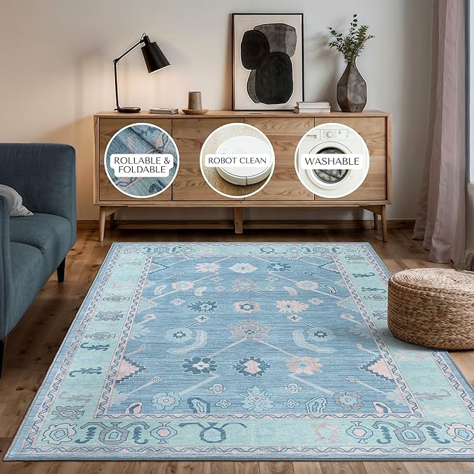 Teal Blue Oushak Large Area Rug 8x10 - Washable Boho Rug Vintage Turkish Non-Slip Carpet Non-Shedding Extra Large Area Rugs for Living Room, Dining, Bedroom, Lounge, Farmhouse