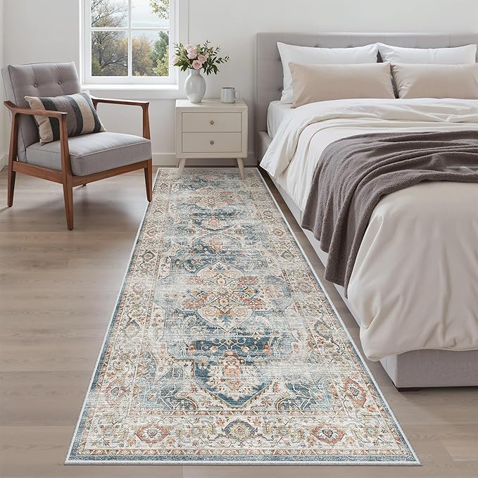 Madane Kitchen Runner 2'6''x8' Soft Rug Runners for Hallways, Navy | Vintage Machine Washable Printed Rugs 2.5x8 Ft, Non-Slip Low Pile Stain-Resistant 8ft Floor Carpet for Laundry Room, Corridor