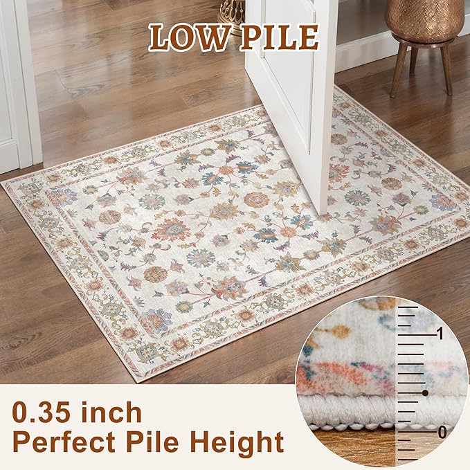 Tangsoo 2x3 Small Throw Rugs for Entryway Washable Entry Rug Non Slip, Vintage Floral Indoor Rugs Distressed White Small Carpet Soft Low Pile Boho Door Mat for Entrance Bedroom Kitchen Foyer Decor