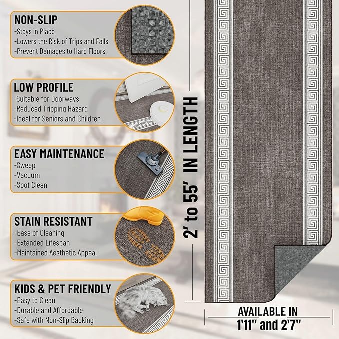 Ottomanson Hallway Runner Rug 2'7" x 12' – Soft Non-Slip Rug, Low Pile Carpet for Entryway, Kitchen & Long Hallways in Apartments and Homes, Greek Border Brown