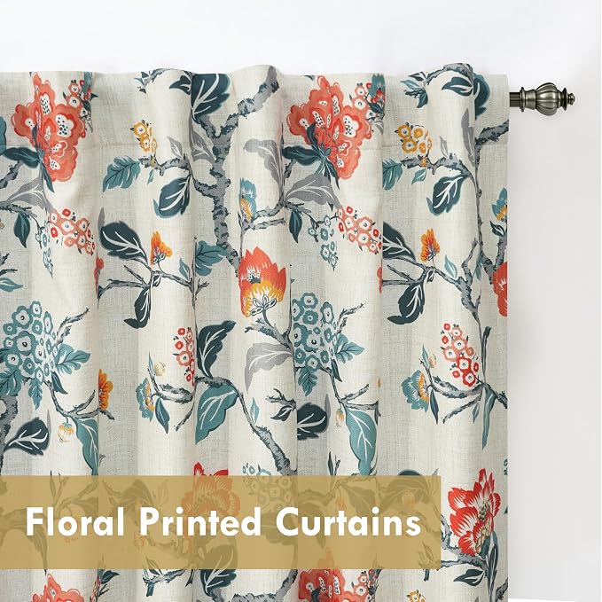DriftAway Ada Floral Botanical Print Flower Leaf Lined Thermal Insulated Room Darkening Blackout Window Curtains 2 Layers Set of 2 Panels Each 52 Inch by 84 Inch Orange Teal Beige Linen