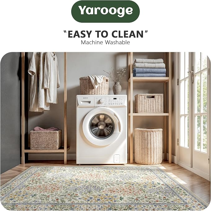 9x12 Area Rugs, Machine Washable Low Pile Floral Rugs for Living Room, Bedroom, Large Boho Area Rug with Non-Slip Backing for Dining Room(Beige Floral)