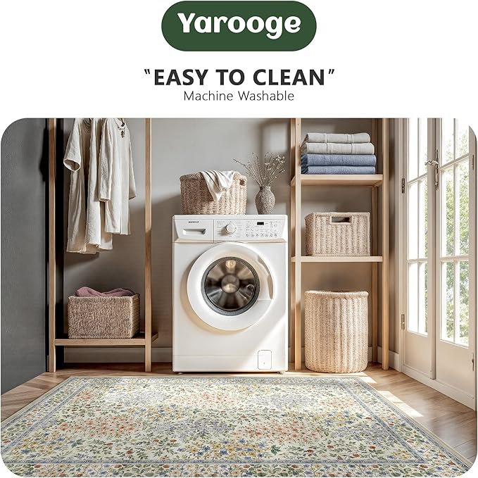 8x10 Area Rugs, Machine Washable Low Pile Floral Rugs for Living Room, Bedroom, Large Boho Area Rug with Non-Slip Backing for Dining Room(Beige Floral)