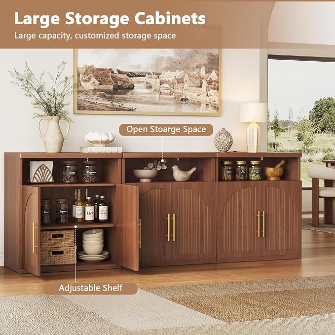 Fluted Buffet Cabinet with Storage, 31.5" Wide Wood Sideboard Credenza with Open Storage Shelf & Adjustable Shelves, Modern Kitchen Entryway Accent Table for Dining Room Living Room Hallway, Walnut