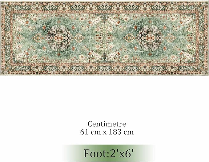 Washable Runner Rug 2'x6',Green Rug Runners Non Slip,Long Boho Rugs for Hallways Kitchen Bedroom Entryway Living Room Bathroom,Vintage Bohemian Distressed Oriental Floor Carpet