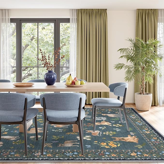 Soalmost Dog 8x10 Area Rugs for Living Room, Machine Washable Animal Floral Vintage Rug Non-Slip Low Pile Soft Throw Large Rugs for Classroom Bedroom Dining Room Nursery Playroom (8 x 10,Navy Blue)