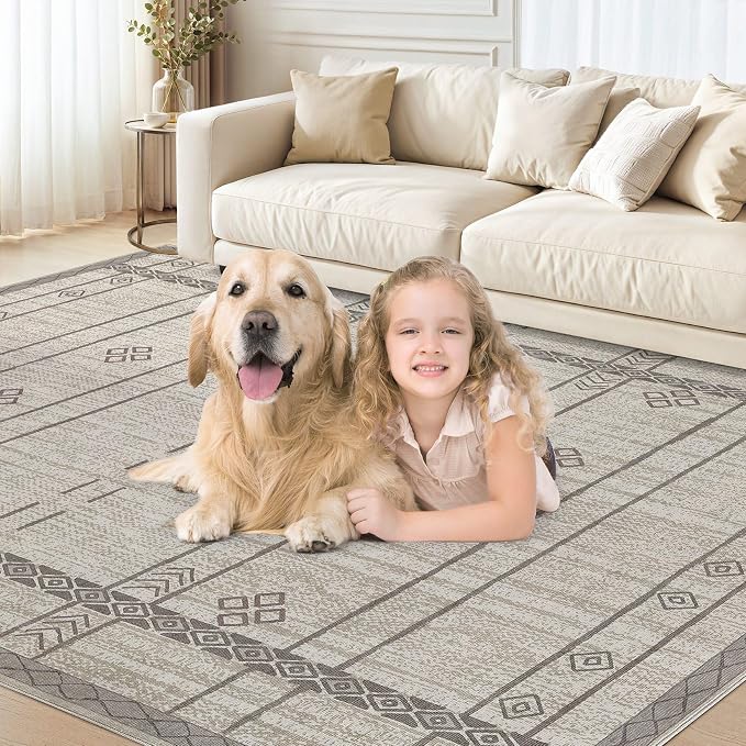 cotiled 6x9 Area Rugs Living Room Rug: Washable Boho Rugs with Non Slip Backing Large Soft Indoor Stain Resistant Carpet for Bedroom Farmhouse Dining Room Lightweight Home Decor Grey Brown