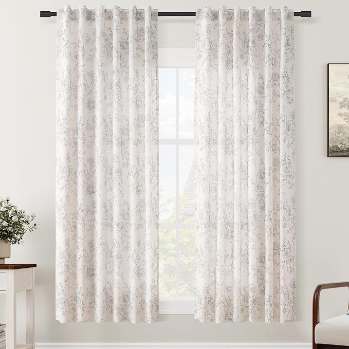 Meikelor Vintage Floral Curtains, 72 inch Length, 2 Panels Set, Grey and Cream Printed, Back Tab, Neutral Farmhouse, Cottage Style, Pretty Flower Patterned Linen Drapes