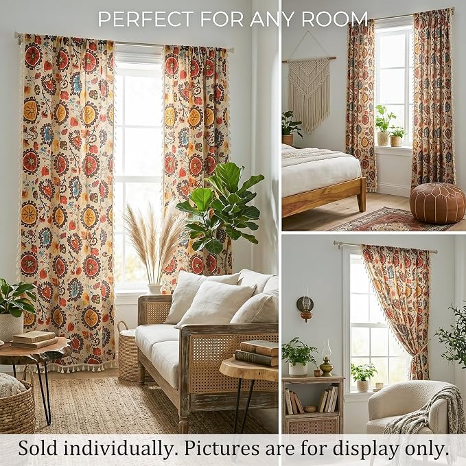 VOGOL Vibrant Boho Curtains, Red Sun Disc Mandala Floral Drapes to Brighten Your Living Room, European Ethnic Style Textured Fabric with Tassels, 59"x79", 1 Panel