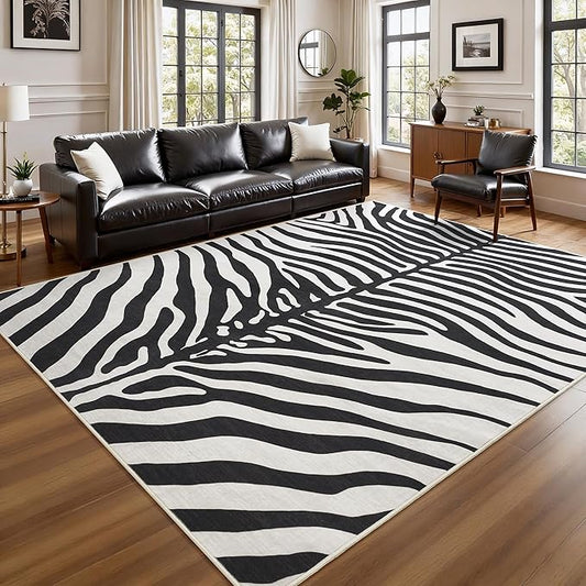 Soft Zebra Rug 4x6 Ft, Black and White Rugs for Living Room Bedroom, Non-Slip TPR Backing for Hardwood Floors, Machine Washable & Easy to Clean, Pet Friendly Carpet for Kids