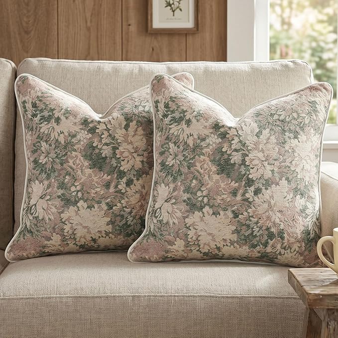 Vintage Floral Throw Pillow Covers 20x20 Inches Set of 2 Boho Farmhouse Pillow Cases Premium Chenille Textured Decorative Cushion Covers for Couch Retro Garden Farmhouse Style Grass Green
