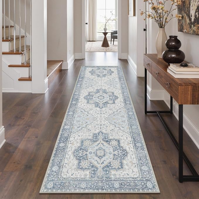 GENIMO Runner Rug 2'x6' Machine Washable Non Slip Vintage Hallway Runner Rug, Low Pile Lightweight Rugs for Indoor Entryway, Hallway, Kitchen and Corridor, Light Blue Beige