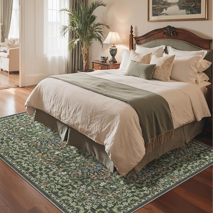 GENIMO 8x10 Washable Area Rugs for Living Room, Non Slip, Emerald Green | Vintage Boho Floral Low Pile Thin Carpet for Bedroom, Dining Room, Nursery, Indoor Decor