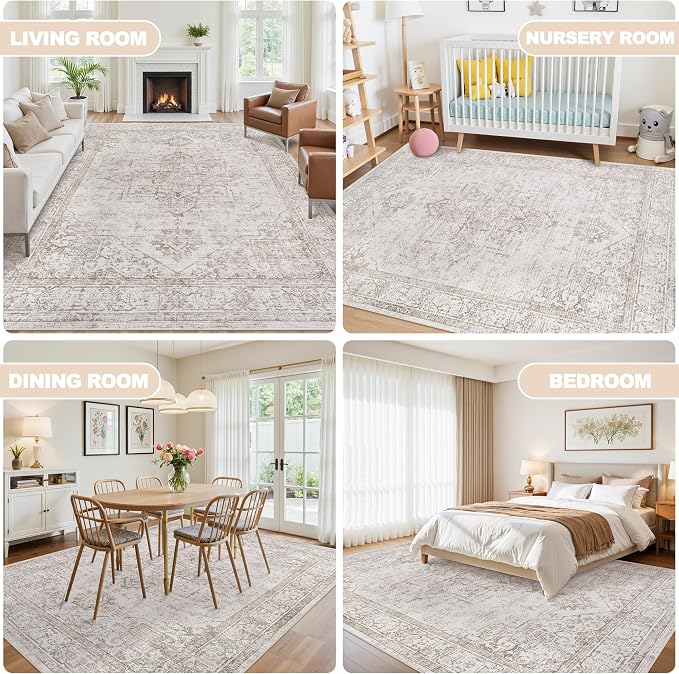 9x12 Area Rugs for Living Room:Beige Washable Vintage Medallion Carpet Non-Slip Soft Low Pile Large Rugs Indoor Retro Rug for Bedroom Nursery Dining Table Office Home(Beige Brown, 9'x12')
