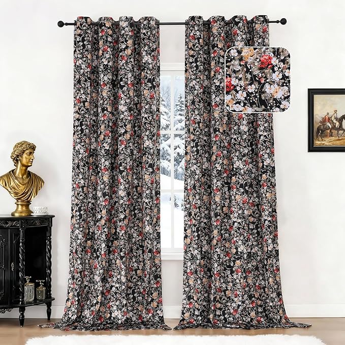 Estelar Textiler Velvet Black Blackout Curtains 96 Inch Long for Living Room,Floral Printed Thermal Insulated Room Darkening Energy Saving Home Decoration Grommet Drapes for Bedroom, 52Wx96L, 2 Panels