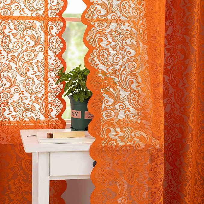 ALIGOGO Sheer Orange Curtains 108 Inches Long - Embroidered Floral Rust Window Treatment for Dining Room Farmhouse Orange Curtains 2 Panels, Scalloped Rod Pocket, 52 x 108 Inch
