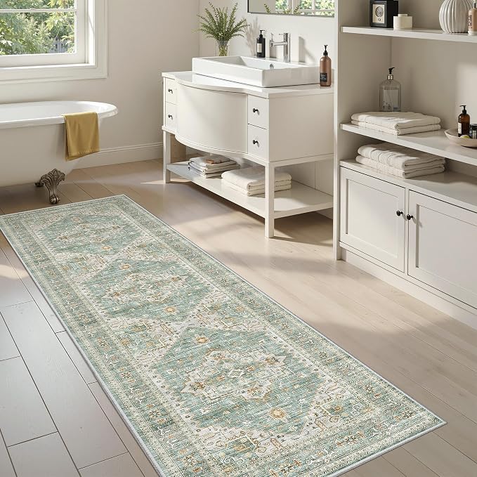Runner Rug 2'x6' Washable Vintage Area Rugs for Hallway Non Slip Laundry Rug Runner Boho Floor Carpet Runners for Entryway Laundry Room Kitchen Bathroom (2'x6',Green)