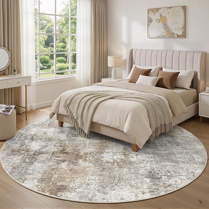 WITSHOCK Area Rugs 8ft Round Living Room Rug - Washable Neutral Soft Low Pile Non-Slip Modern Abstract Thin Large Indoor Carpet for Bedroom Dining Room Nursery Office - Light Brown Grey