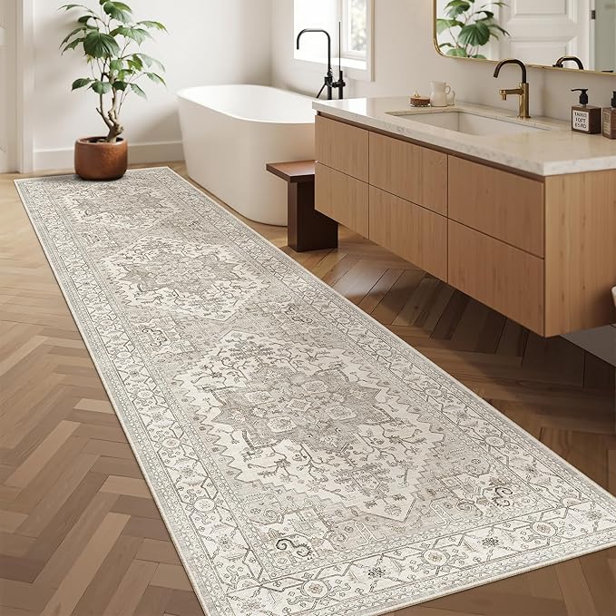 Madane Hallway Runner Rug 2'6''x10' Kitchen Runners Vintage, Beige/Brown | Non-Slip Washable Wide Rugs 2.5x10 Ft for Entryway Laundry and Bedroom, Soft Low Pile Stain-Resistant 10ft Floor Carpet