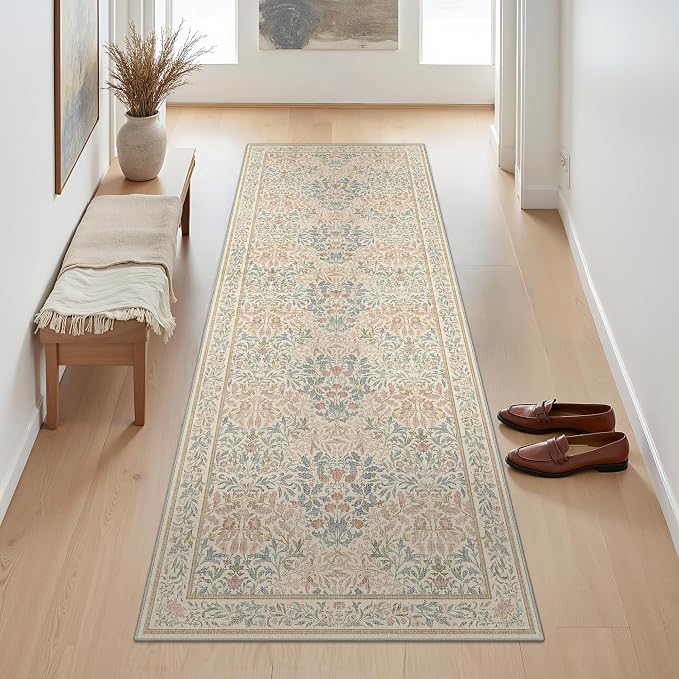 GENIMO 2x10 Washable Runner Rug, Non Slip Hallway Mat, Beige Pink | Vintage Boho Floral Low Pile Thin Mat for Entryway, Kitchen, Bedroom, Indoor Decor