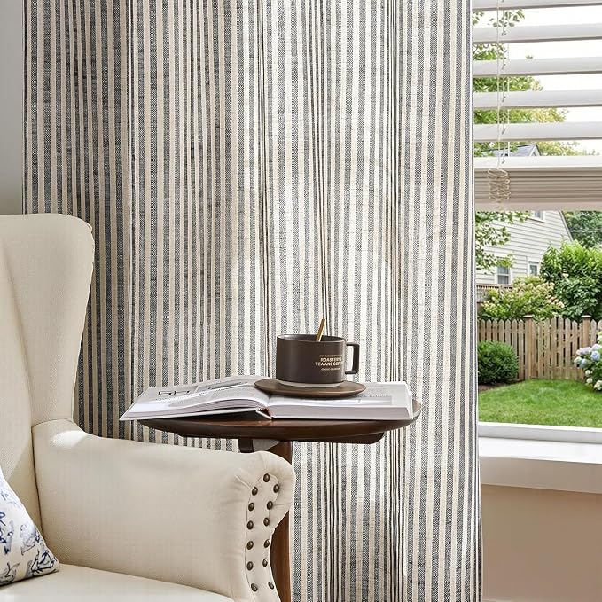 jinchan Linen Curtains 84 Inch Black Stripe on Beige Back Tab 4 Panels | Curtains For Living Room Bedroom,Ticking Stripe Pattern, Farmhouse Cottage Core Rustic,Window Treatment,Light Filtering