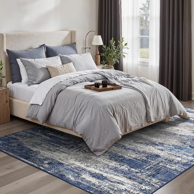 GENIMO 4x6 Area Rugs for Living Room, Non Slip Machine Washable Modern Indoor Rug, Low Pile Lightweight Blue Print Rug for Bedroom Dining Room Home Office, Blue Ivory