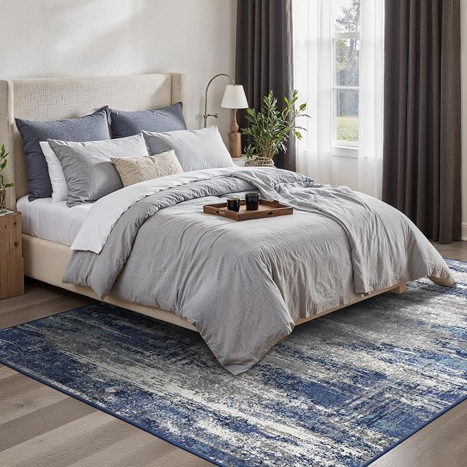 GENIMO 5x7 Area Rugs-Washable Area Rug Lightweight Low Pile, Non Slip Indoor Printed Modern Rug, Soft Pet Friendly Carpet for Living Room, Bedroom, Playroom, Blue Ivory