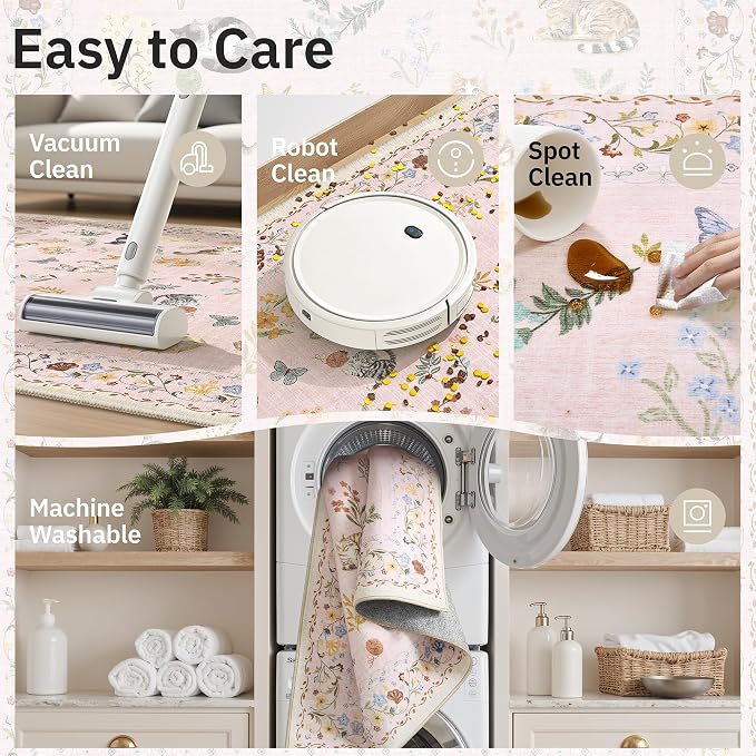 Soalmost 2x3 Cat Rugs for Entryway, Machine Washable Door Mat Animal Floral Small Area Rug Non-Slip Low Pile Soft Throw Rugs for Entrance Kitchen Indoor Front Door Kids Room (2 x 3,Pink)