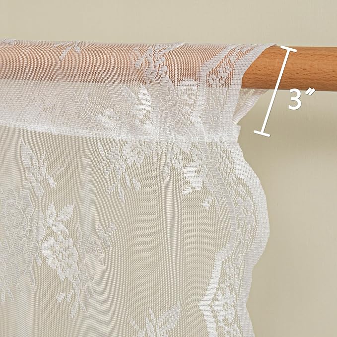 MEETSKY White Lace Curtains 24 Inch Length 2 Panels, Victorian Floral Pattern White Sheer Curtains for Kitchen and Bathroom Mini Curtains Over Sink for Small Windows Camper Cafe 26" W Each Panel