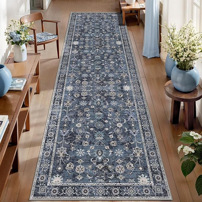 Tangsoo 3x10 Runner Rugs for Hallway Non Slip, Washable Long Rug Runner Boho Vintage Floral Rugs, Distressed Blue Black Soft Low Pile Indoor Runners for Entryway,Living Room,Kitchen,Kids&pets Friendly