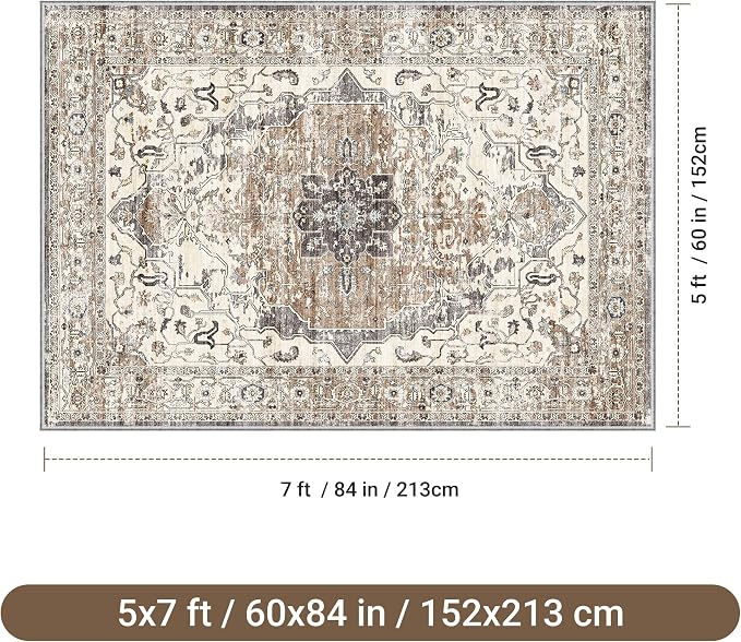 befbee 5x7 Area Rugs for Living Room, Stain Resistant Neutral Washable Rugs for Dining Room, Floral Vintage Non-Slip Thin Large Size Area Rug (Brown/Grey)