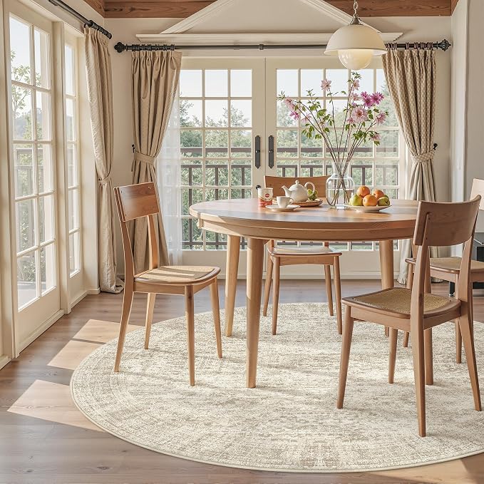 Soalmost 5x5 Beige Round Rug 5ft Living Room Circle Rug Vintage Round Area Rug Non Slip Indoor Carpet for Entryway Dining Room Bedroom