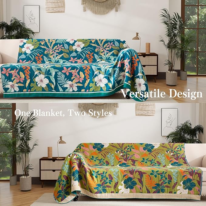 Phuryllic Boho Throw Blanket Full Size, Extra Large Soft Cozy Cotton Muslin Quilt Blanket for Bed Decor, Floral Patterned Couch Sofa Chair Cover, Vintage Farmhouse Cottage Woven Blanket, Teal&Green