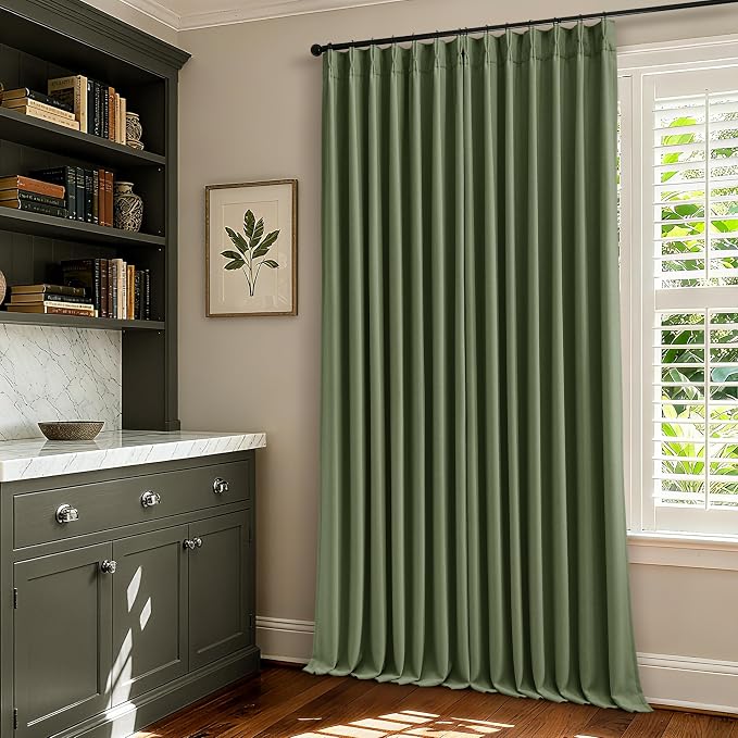 Extra Long Blackout Pleated 108 Inch Curtains Floor Ceiling 2 Panels Set for Living Room Memory Trained Pinch Pleat 100% Black Out Dual Layer Olive Green Soundproof Thermal Insulated Linen Curtains