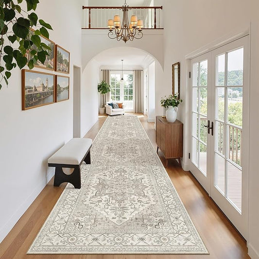 Madane Hallway Runner Rug 2'6''x14' Kitchen Runners Vintage, Beige/Brown | Long Non-Slip Washable Rugs 14ft for Entryway Laundry and Bedroom, Soft Low Pile Stain-Resistant 2.5x14 Ft Floor Carpet