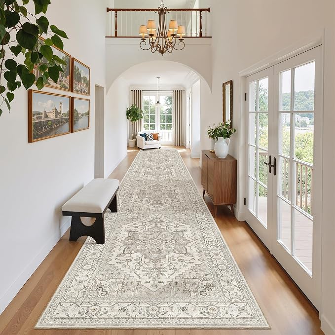 Madane Hallway Runner Rug 2'6''x16' Kitchen Runners Vintage, Beige/Brown | Long Non-Slip Washable Rugs 16ft for Entryway Laundry and Bedroom, Soft Low Pile Stain-Resistant 2.5x16 Ft Floor Carpet