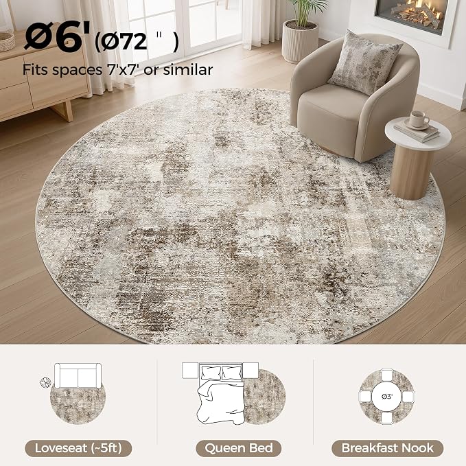WITSHOCK Area Rugs 6ft Round Living Room Rug - Washable Neutral Soft Low Pile Non-Slip Modern Abstract Thin Large Indoor Carpet for Bedroom Dining Room Nursery Office - Dark Brown