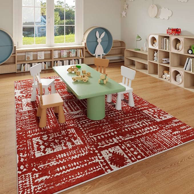 Rugcomf Living Room Rug 6x9 Rug Machine Washable Boho Area Rug Non Slip Moroccan Vintage Low Pile Large Rug for Living Room, Bedroom, Farmhouse, Dining Room, Kids Playroom(Terracotta)