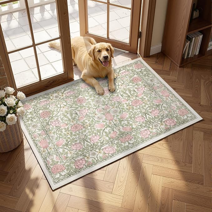 GarveeHome Pink and Green Beige 2.5x8 Runner Rug Washable Kitchen Rugs Non Slip Vintage Floral Boho Long Rug for Hallways Bedroom Entryway Bathroom Mat TPE Backing