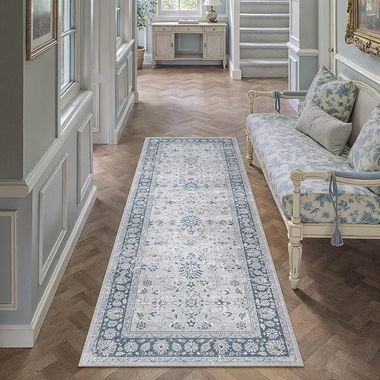 PureCozy 2x6 Runner Rug Blue Washable Hallway Vintage Carpet Kitchen Small Long Non Slip Stain Soft Resistant Low Pile Thin Boho Accent Indoor Throw Rug for Bedroom Laundry Living Room