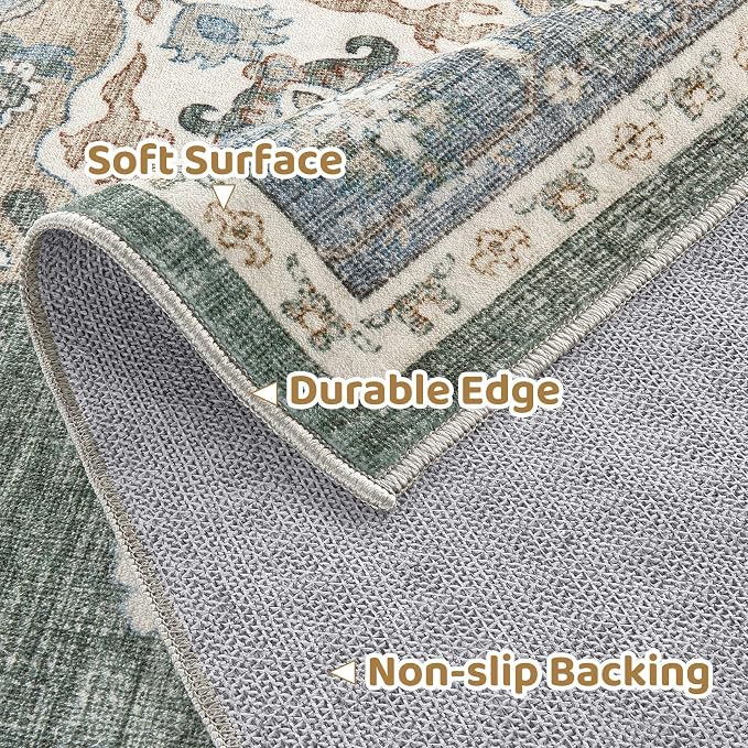 Area Rug for Entryway - 3x8 Soft Washable Oriental Vintage Floral Distressed Large Carpet - Fade Stain Resistant Non Slip Rugs for Bedroom Dining Room Nursery Dorm Office Home Decor - Green