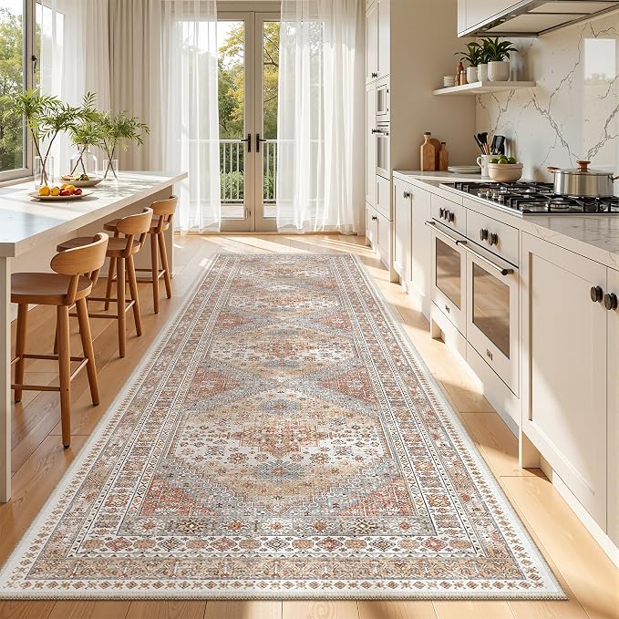 zesthome 3x12 Runner Rug for Hallway, Non-Slip Long Bathroom Rugs Runner for Kitchen, Bedroom, Soft Vintage Abstract Washable Rug for Entryway, Thin Floor Mat for Dining Room(Orange,3'x12')